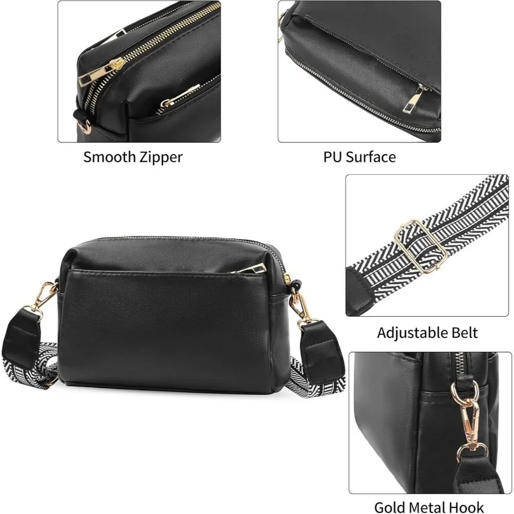 💫 Women Black Leather Cross body Purse Triple Zip Ajustable Strap Shoulder Bag